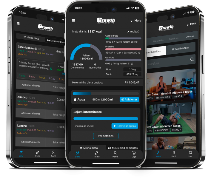 Telas do aplicativo Dieta e Treino da Growth Supplements em um celular