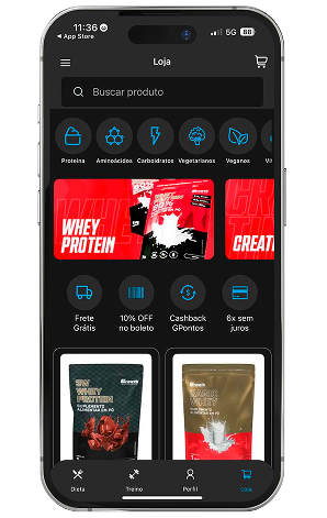 Loja da Growth Supplements integrada ao aplicativo Dieta e Treino