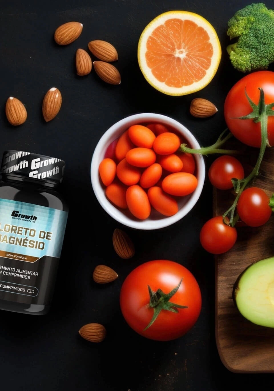 GROWTH SUPPLEMENTS - Imagem ilustrativa embalagem de cloreto de magnésio com frutas e verduras ao lado
