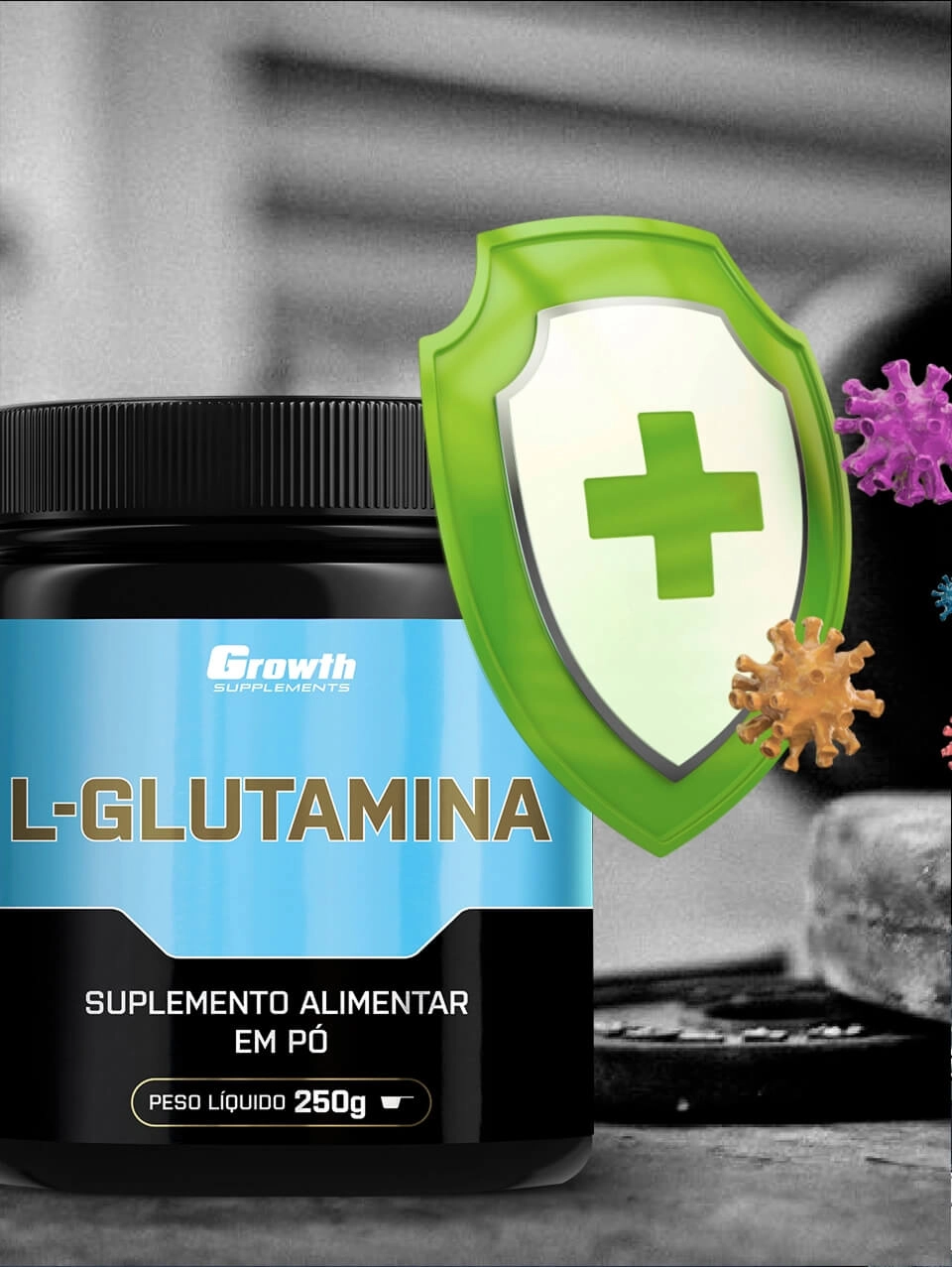 GROWTH SUPPLEMENTS - Imagem ilustrativa embalagem de glutamina e escudo representando imunidade