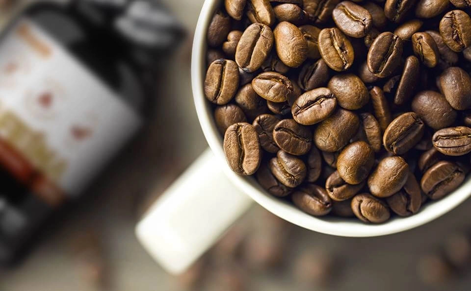 GROWTH SUPPLEMENTS - Imagem ilustrativa xícara com grãos de café e embalagem de cafeína ao lado