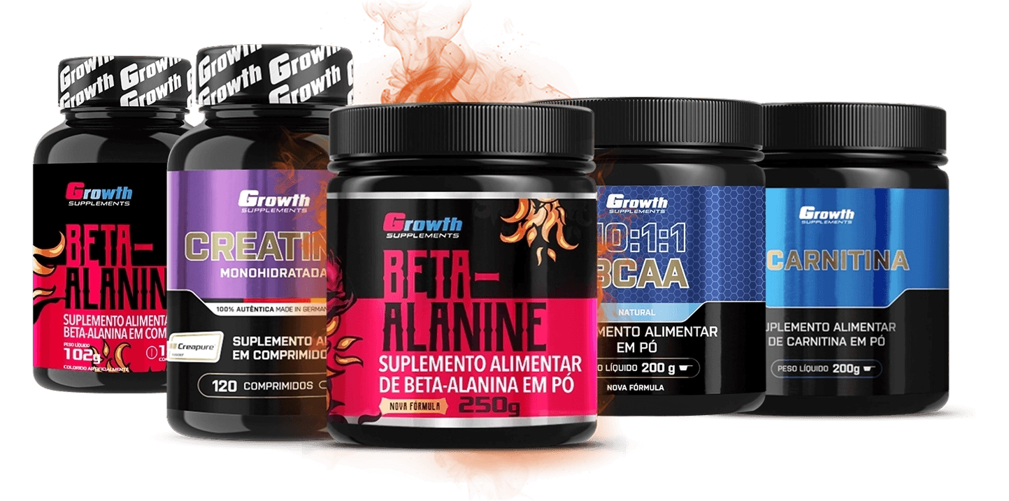 Growth Supplements - linha de suplementos de aminoácidos incluindo beta-alanina, creatina, BCAA e carnitina