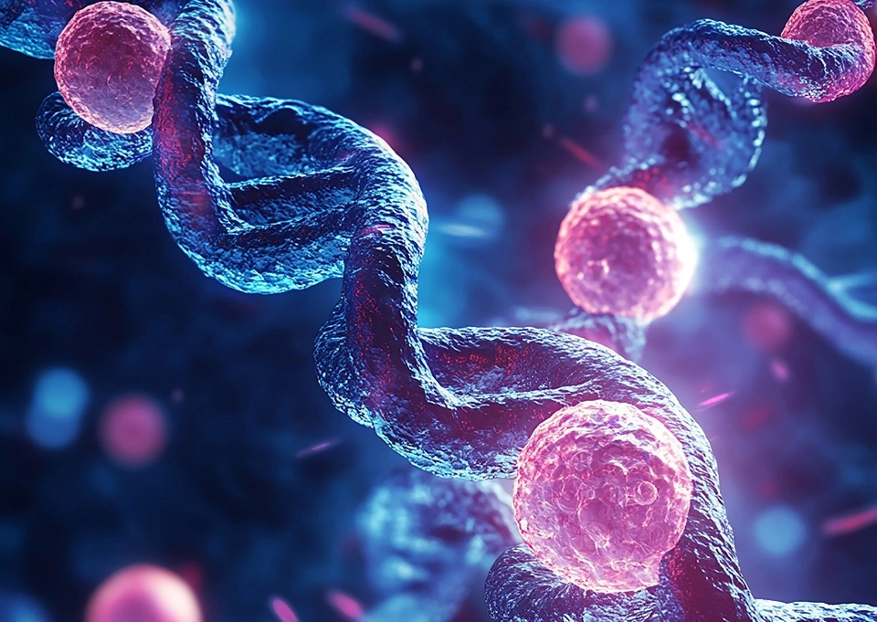 Growth Supplements - ilustração de hélice de DNA com células em tons azuis e rosados