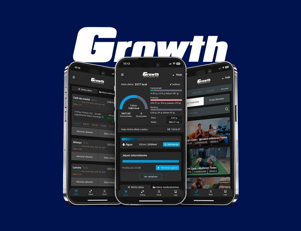 Growth Supplements - três smartphones exibindo telas do aplicativo Dieta e Treino