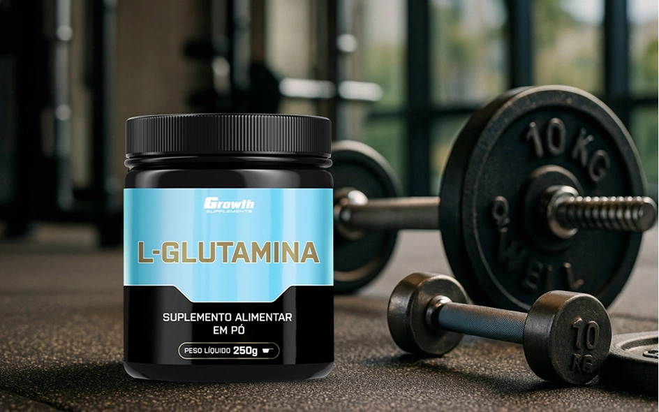 L-GLUTAMINA 250G - Growth Supplements com halteres ao fundo