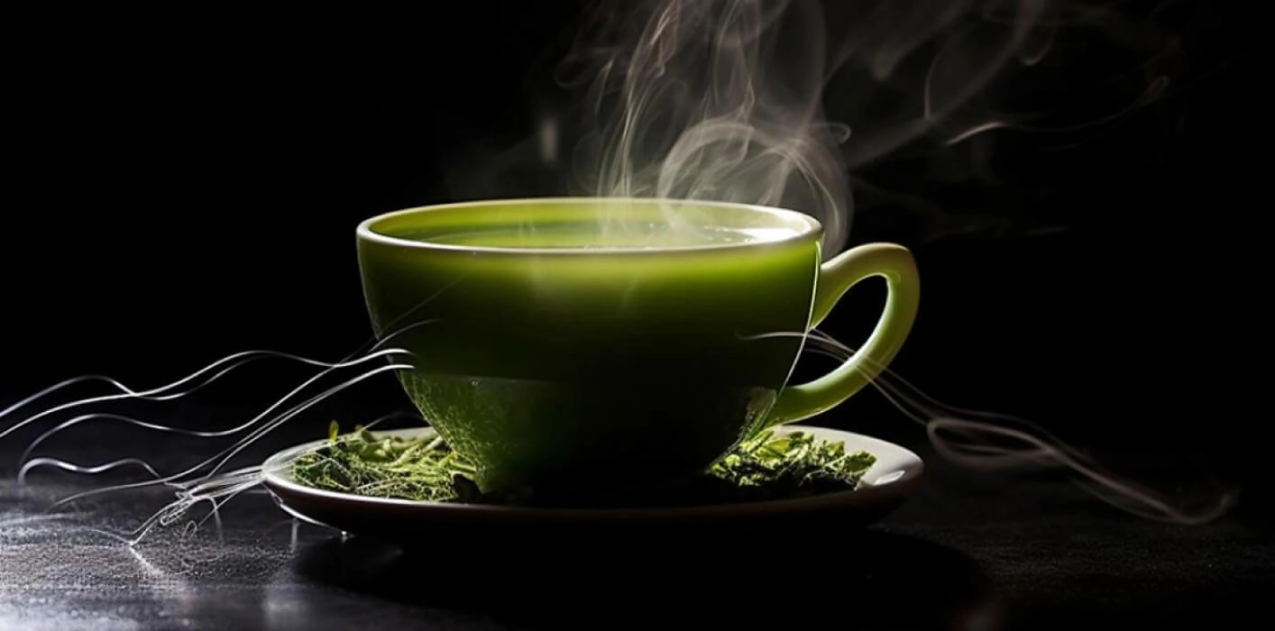 Growth Supplements - xícara de chá verde com vapor em fundo escuro