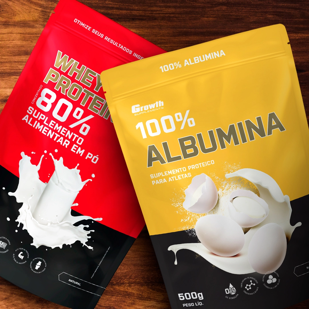 GROWTH SUPPLEMENTS - Imagem ilustrativa embalagens de whey protein concentrado e albumina