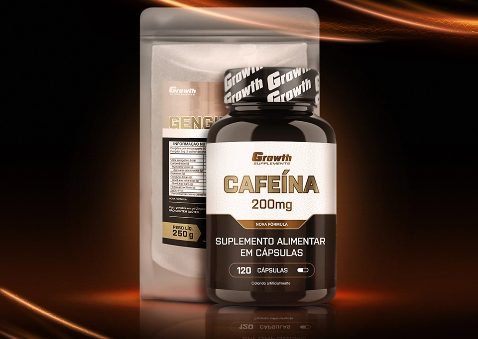 GROWTH SUPPLEMENTS - Imagem ilustrativa embalagens de Gengibre em pó e cafeína 200 mg 120 caps