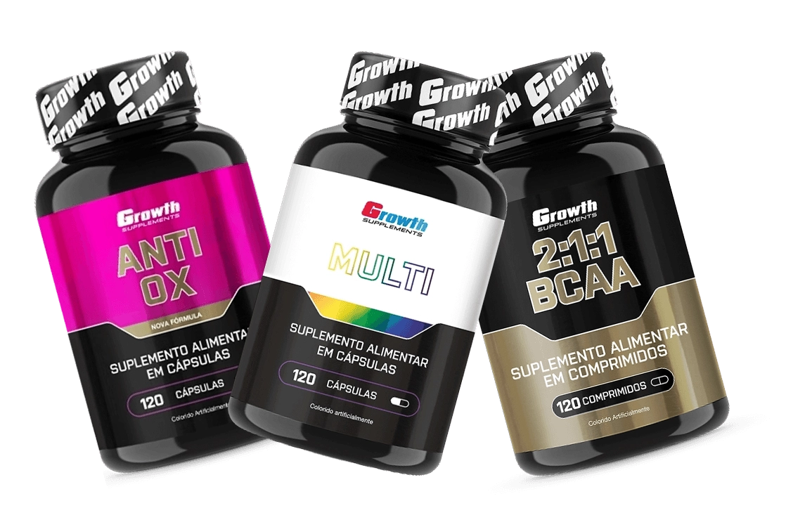 GROWTH SUPPLEMENTS - IMAGEM ILUSTRATIVA EMBALAGENS DE ANTI OX, MULTIVITAMÍNICO E BCAA 2:1:1 120COMP