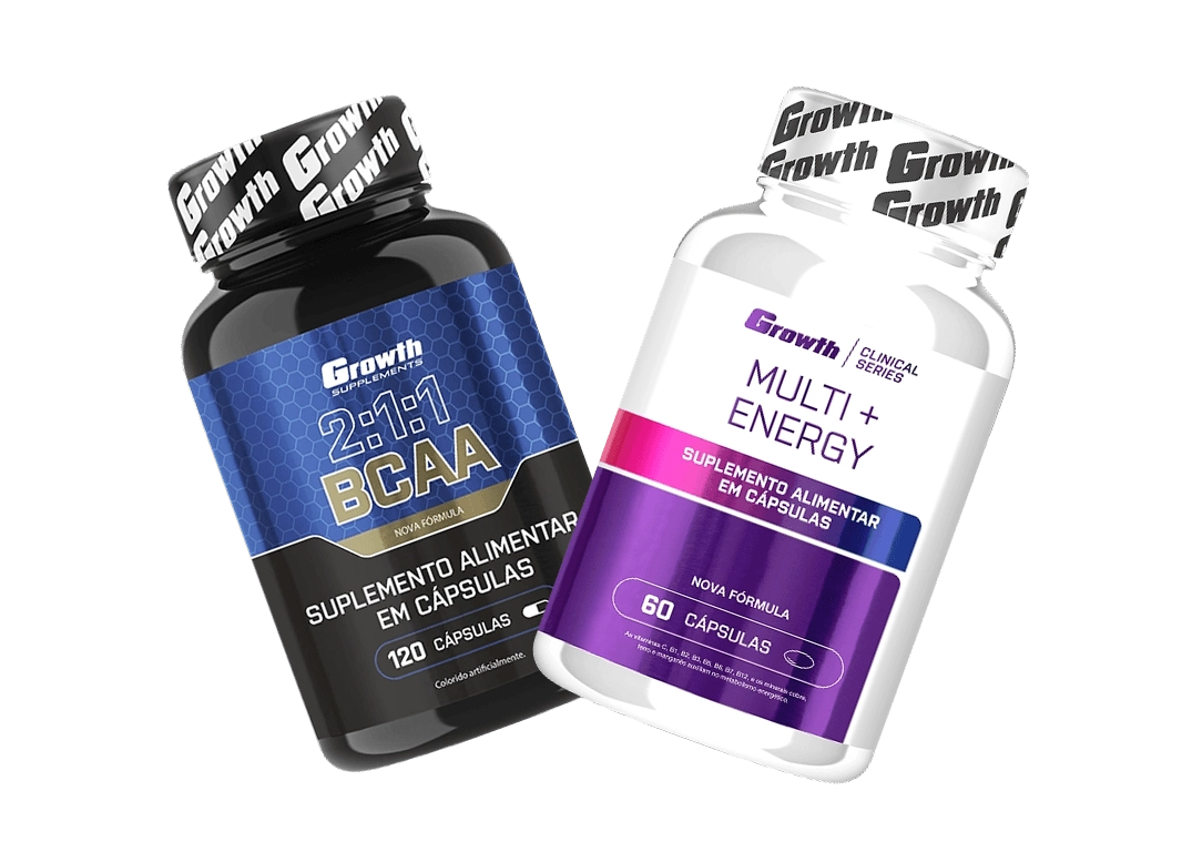 GROWTH SUPPLEMENTS - IMAGEM ILUSTRATIVA EMBALAGENS DE MULTI + ENERGY E BCAA 2:1:1 120CAPS