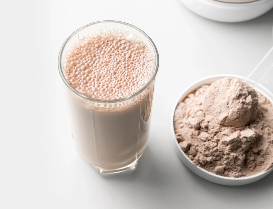 Copo com bebida de whey protein chocolate pronta para consumo