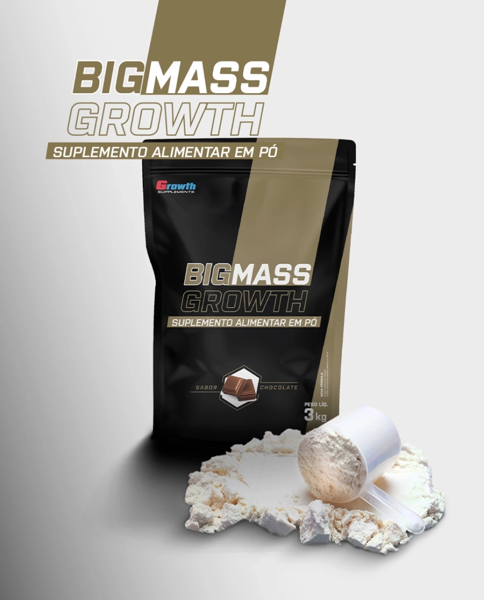 Pote BigMass Growth sabor chocolate com pó do suplemento em fundo cinzento