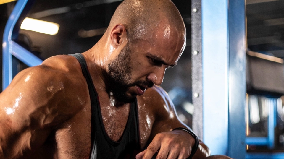 Atleta masculino concentrado e suado durante sessão de treino na academia