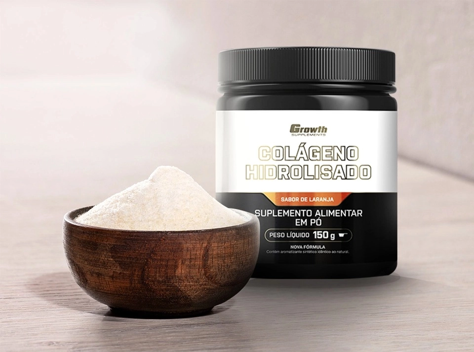 GROWTH SUPPLEMENTS - Embalagem de Colágeno em pó e pote com colágeno em pó