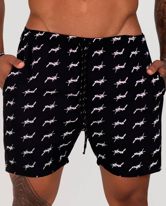 Bermuda Growth Banho Estampada Mini Logo Preto Com Branco