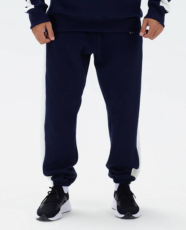 Calça moletom faixa lateral azul com off white