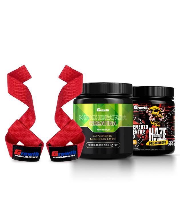 Kit Pré-Treino Haze 300g, Creatina Monohidratada 250g, Fita Strap Vermelha