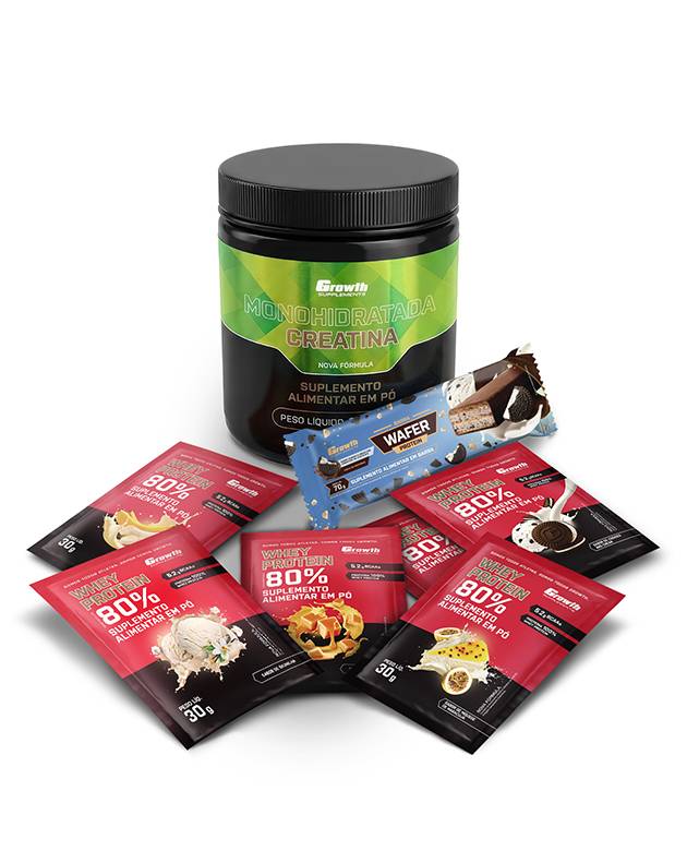 Kit Sabores: Barra Wafer + Creatina Monohidratada 250Gr + Dose 30Gr Whey Protein Concentrado 80% - Chocolate Com Amendoim + Banana + Caramelo + Mousse De Maracujá + Cookies + Baunilha