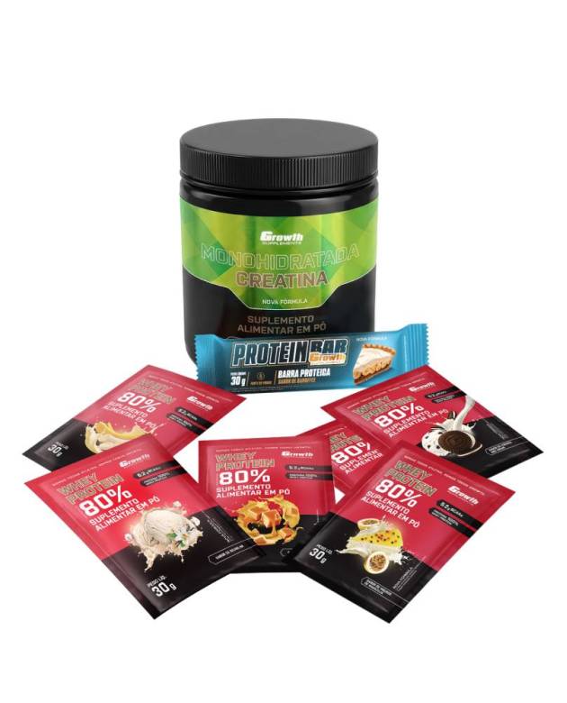 Kit Sabores: Protein Bar 30g Display C/ 12 UN + Creatina Monohidratada 250Gr + Dose 30Gr Whey Protein Concentrado 80% - Chocolate C/ Amendoim + Banana + Caramelo + Mousse De Maracujá + Cookies + Baunilha