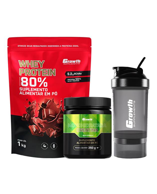 Kit Whey Protein Concentrado 1kg, Creatina Monohidratada 250g, Coqueteleira 3 compartimentos