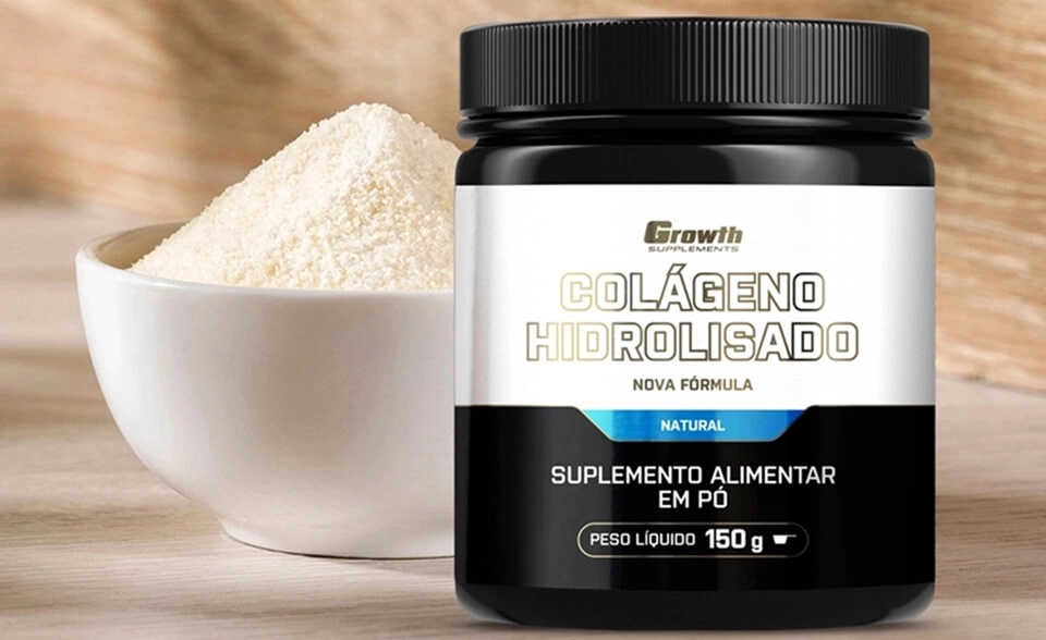 Growth Supplements - IMAGEM ILUSTRATIVA COLÁGENO HIDROLISADO AO LADO DE UM POTE BRANCO