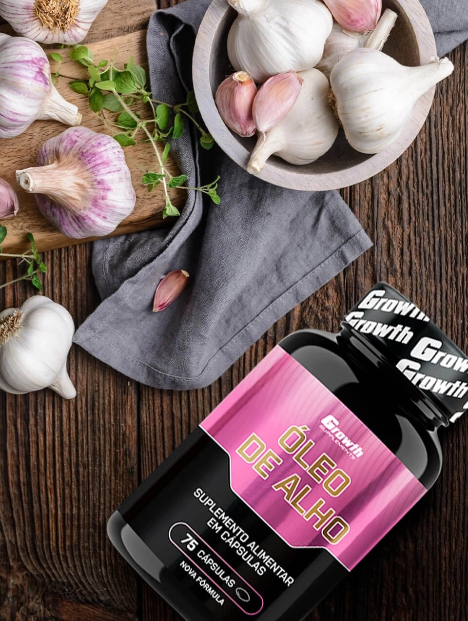 GROWTH SUPPLEMENTS - Cabeças e dentes de alho e embalagem de Óleo de Alho 500 mg