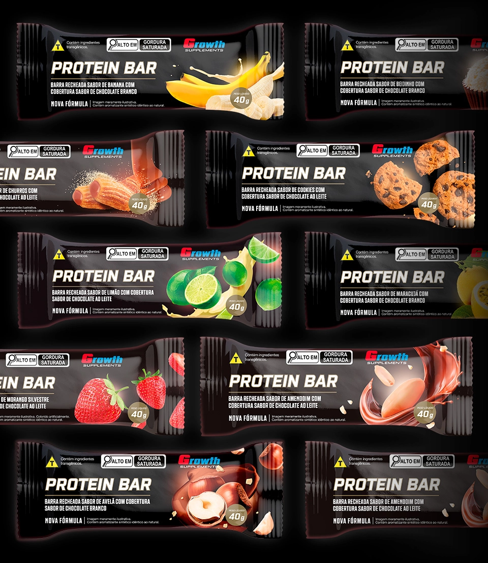 Diversos sabores de barras de proteina com recheio com fundo preto