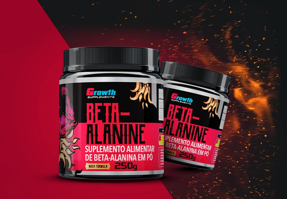 Duas embalagens de Beta-Alanina Em Pó - Growth Supplements com o fundo pegando fogo