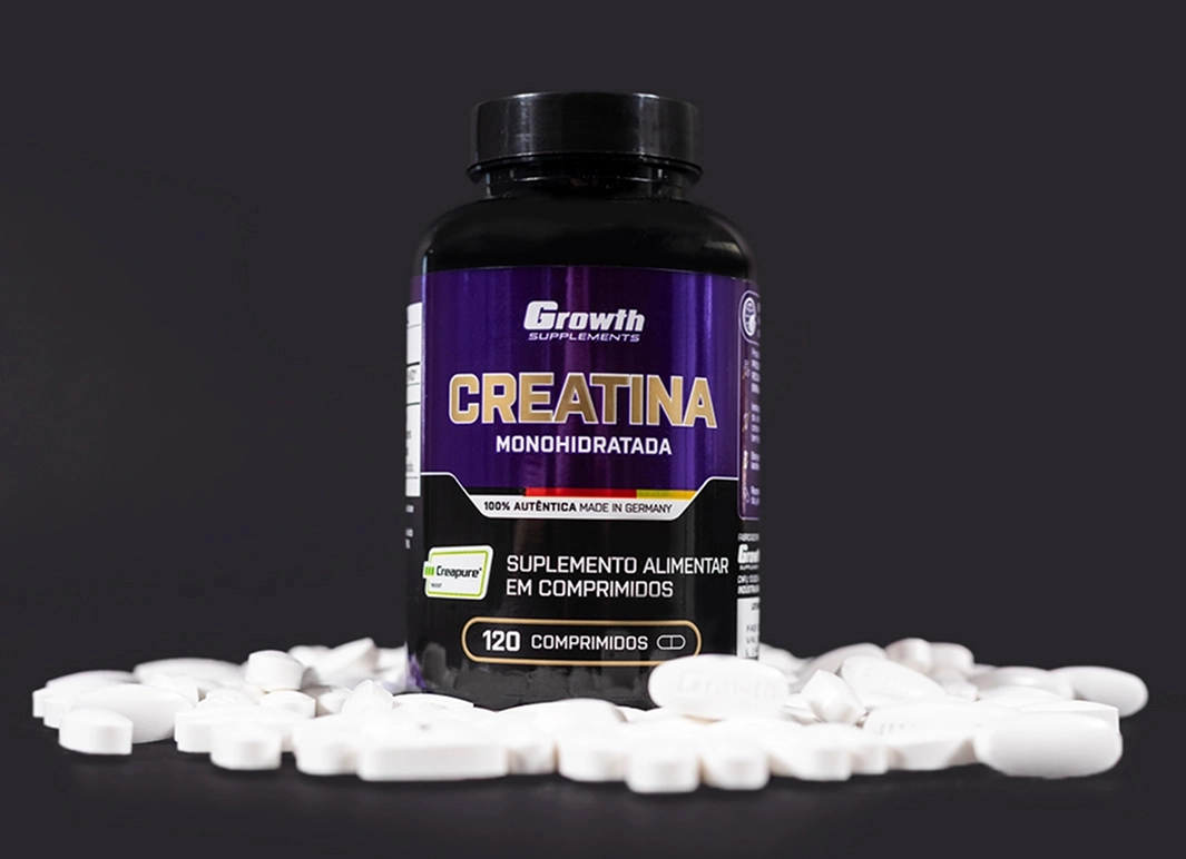 CREATINA (Creapure®) 120 COMPRIMIDOS - Growth Supplements com comprimidos em baixo da embalagem
