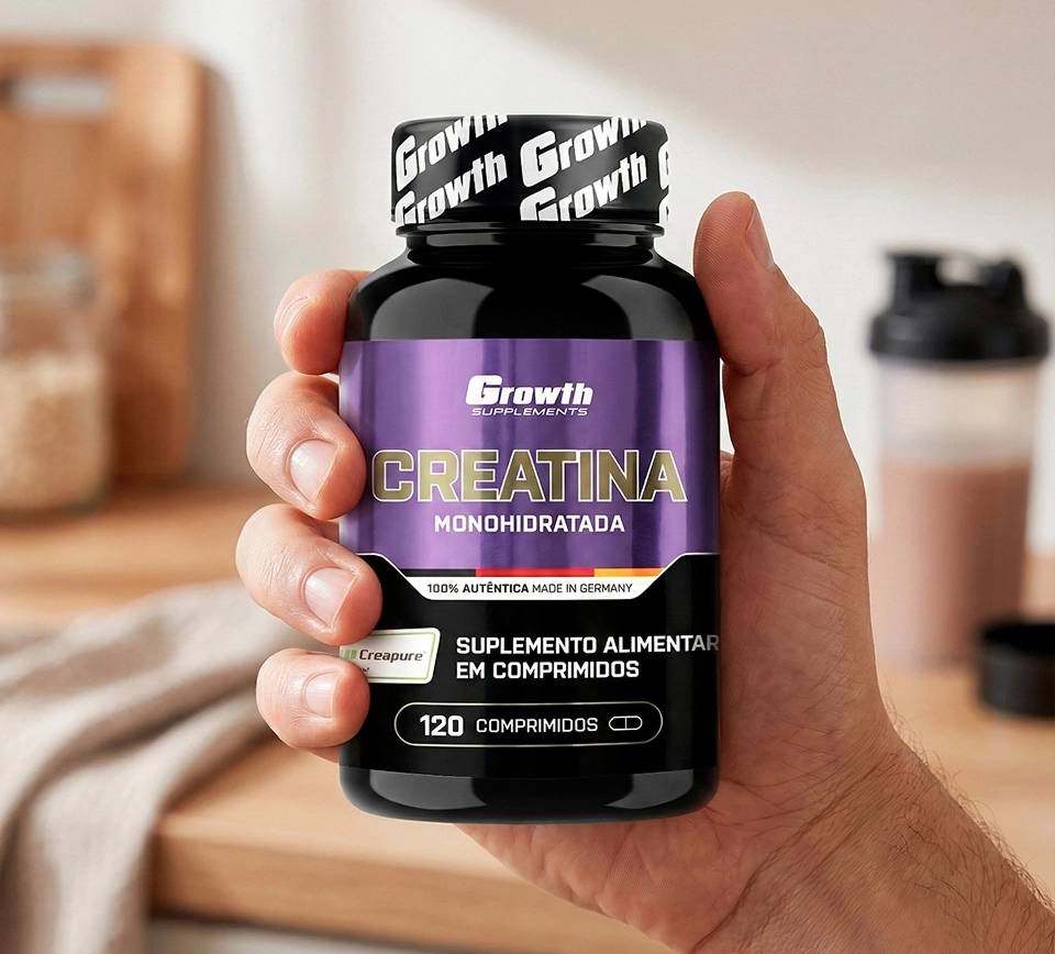 CREATINA (Creapure®) 120 COMPRIMIDOS - Growth Supplements na frente e um homem fazendo exercicios no fundo
