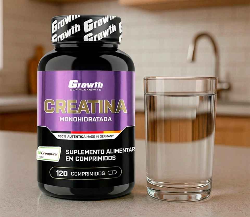 CREATINA (Creapure®) 120 COMPRIMIDOS - Growth Supplements ao lado de um copo de água