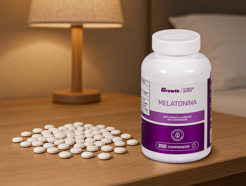 melatonina 0,21mg (200 Comprimidos) - Growth Supplements em cima da mesa ao lado de comprimidos