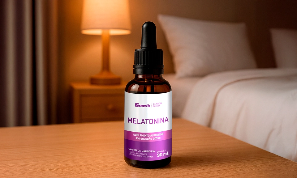 Melatonina 0,21mg 30ml sabor maracujá - growth supplements em cima de uma mesa ao lado de um quarto com uma cama  e um abajur no fundo