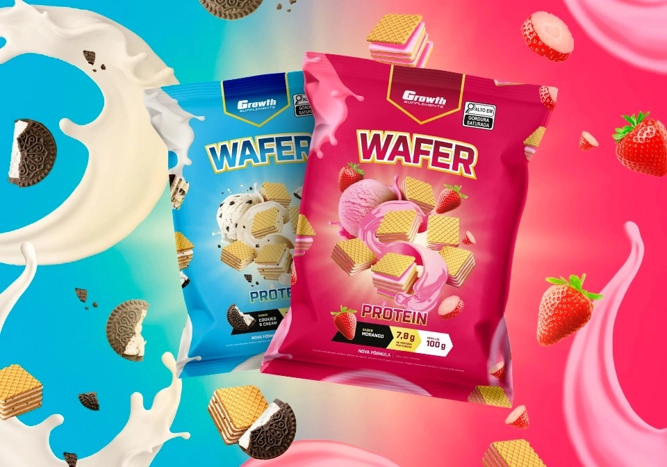Wafer Protein 100g Growth Supplements, sabores morango e cookies e cream