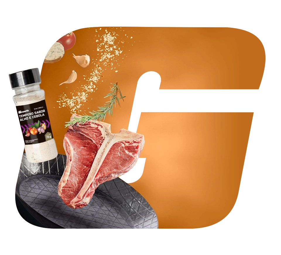 Logo Growth Supplements, com o Tempero baixo sódio ao lado de um pedaço de carne 