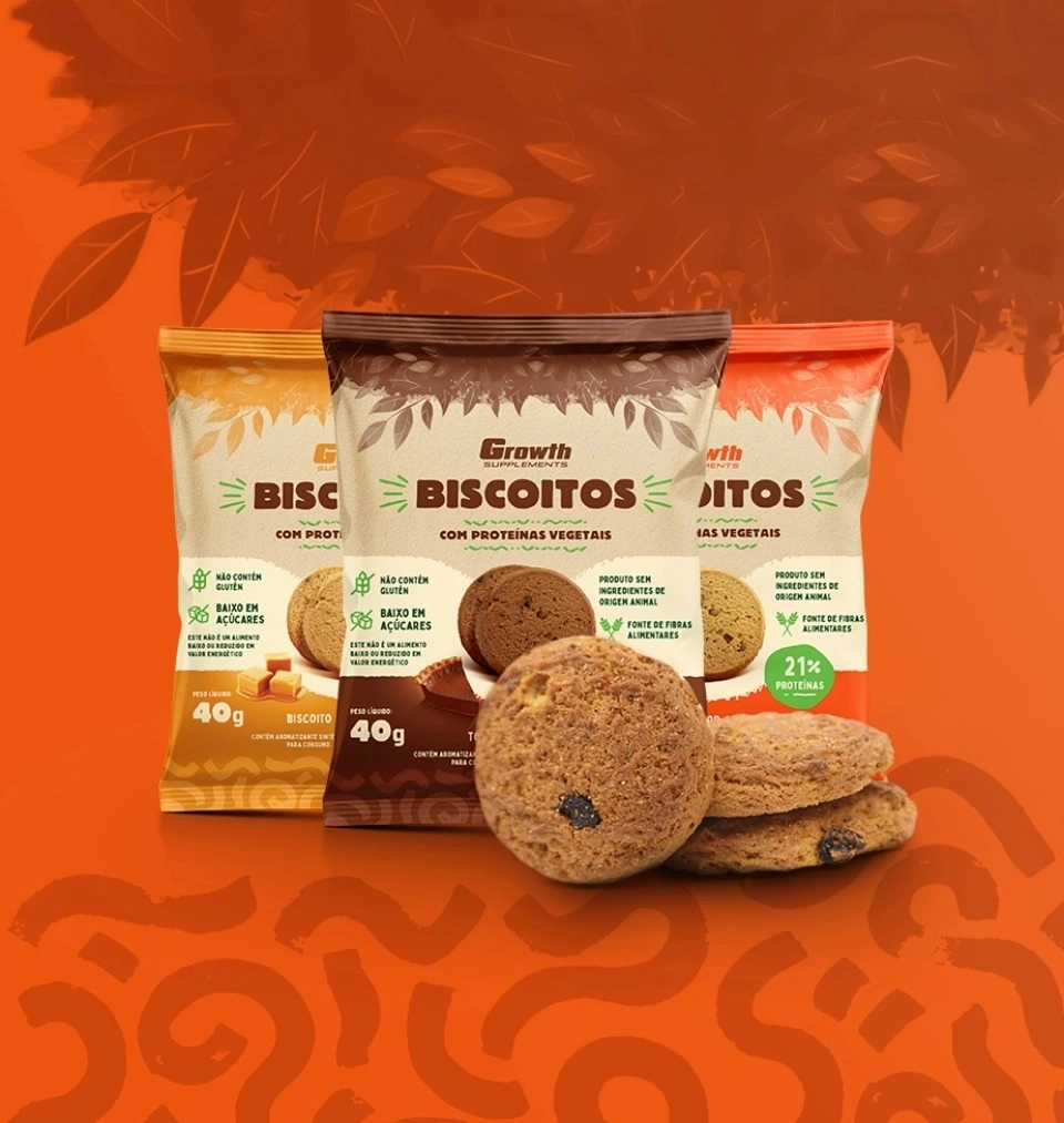 3 Pacotes de Biscoitos com Proteínas Vegetais — Growth Supplements um de cada sabor um ao lado do outro