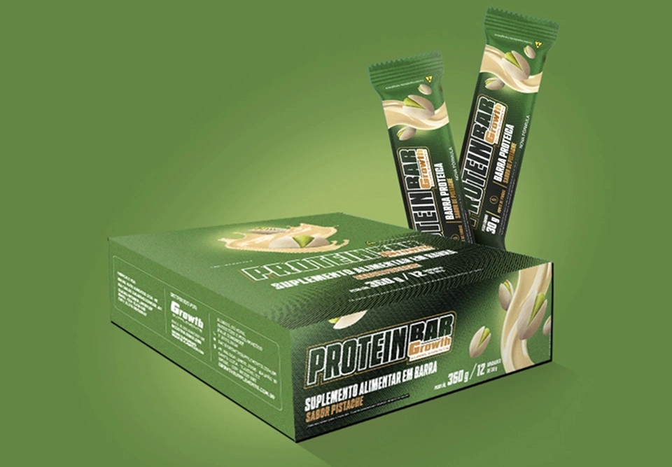 Embalagem de PROTEIN BAR 30G - Growth Supplements e 2  barrinhas atrás