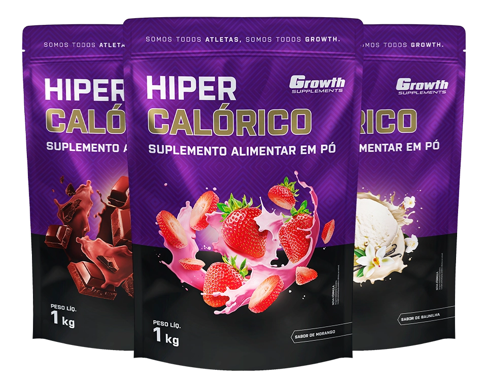 Três embalagens dos três sabores de Hipercalórico - Growth Supplements
