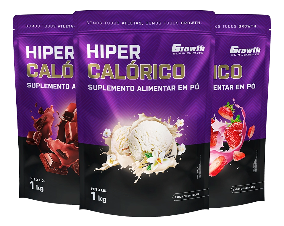 Três embalagens dos três sabores de Hipercalórico - Growth Supplements