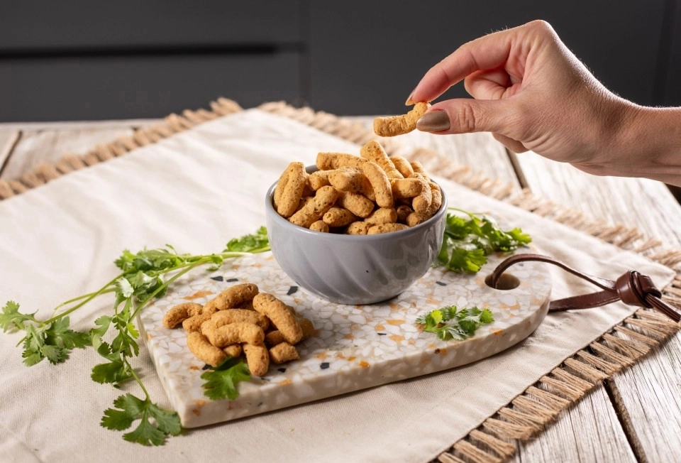 GROWTH SUPPLEMENTS - Imagem ilustrativa mão pegano snack dentro de um bowl, que está em cima de uma mesa