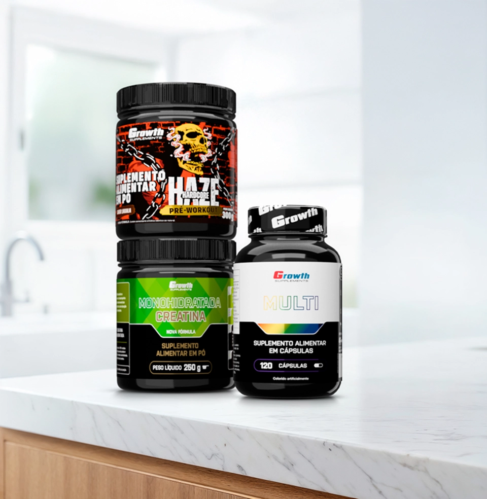 Kit Creatina Monohidratada abaixo do Pré-treino Haze e ao lado do Multivitamínico - Growth Supplements