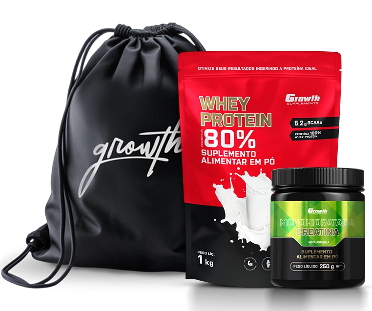 Foto do produto KIT WHEY PROTEIN CONCENTRADO 1KG, CREATINA MONOHIDRATADA 250G, SACOLA TIPO MOCHILA PRETA					