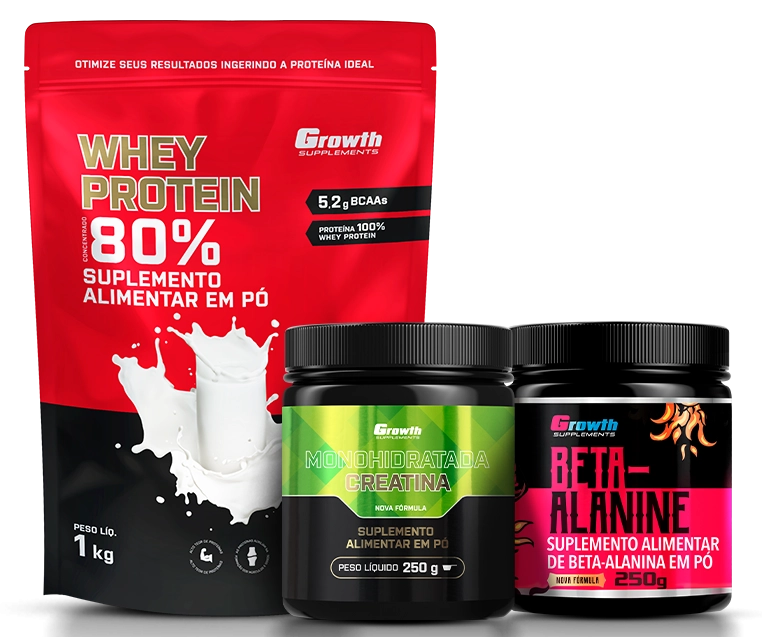 Foto do produto KIT WHEY PROTEIN CONCENTRADO 1KG, CREATINA MONOHIDRATA 250G, BETA ALANINA 250G					