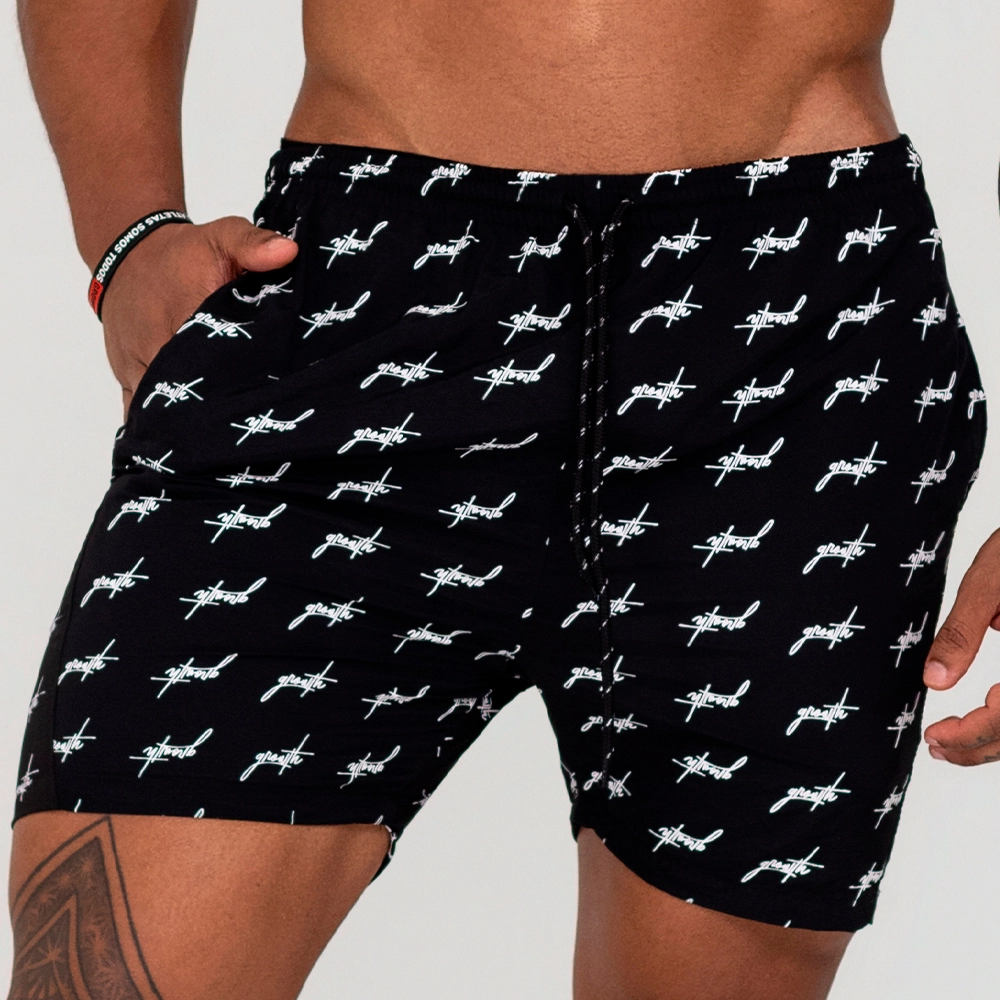 Bermuda Growth Banho Estampada Mini Logo Preto Com Branco