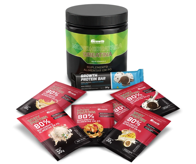 Foto do produto KIT SABORES: BARRA DE PROTEÍNA 30G DISPLAY C/ 12 UN + CREATINA MONOHIDRATADA 250GR + DOSE 30GR WHEY PROTEIN CONCENTRADO 80% - CHOCOLATE C/ AMENDOIM + BANANA + CARAMELO + MOUSSE DE MARACUJÁ + COOKIES + BAUNILHA