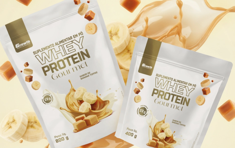 GROWTH SUPPLEMENTS - Imagem ilustrativa Gramaturas disponiveis do whey goumet banana toffee