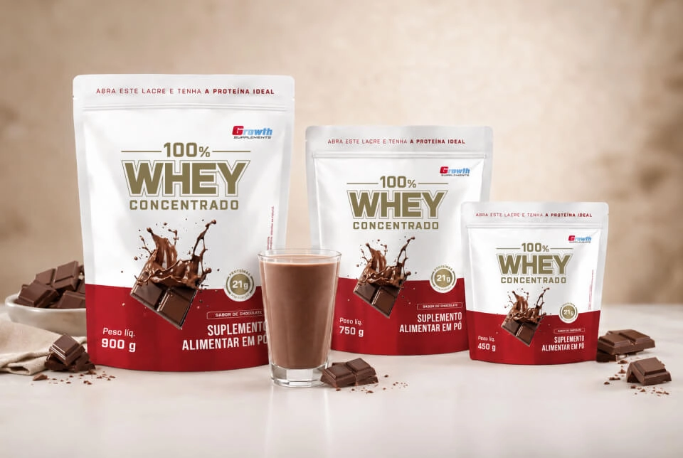 GROWTH SUPPLEMENTS - Imagem ilustrativa 100% Whey chocolate na cozinha