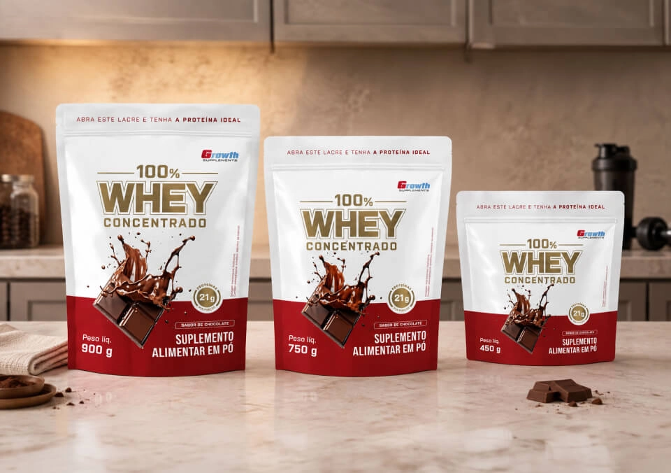 GROWTH SUPPLEMENTS - Imagem ilustrativa 100% Whey chocolate dois tamanhos