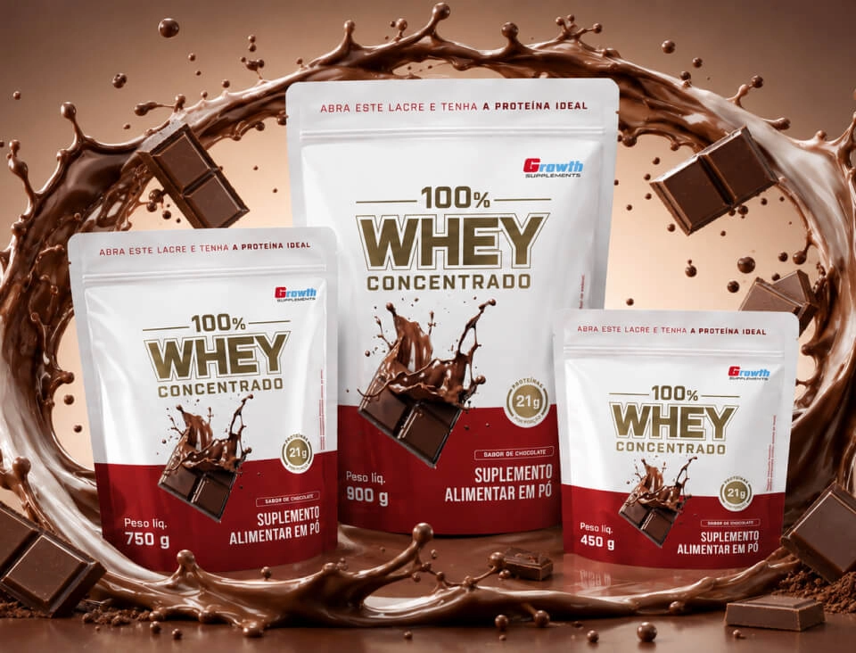 GROWTH SUPPLEMENTS - Imagem ilustrativa 100% Whey chocolate em um fundo rosa