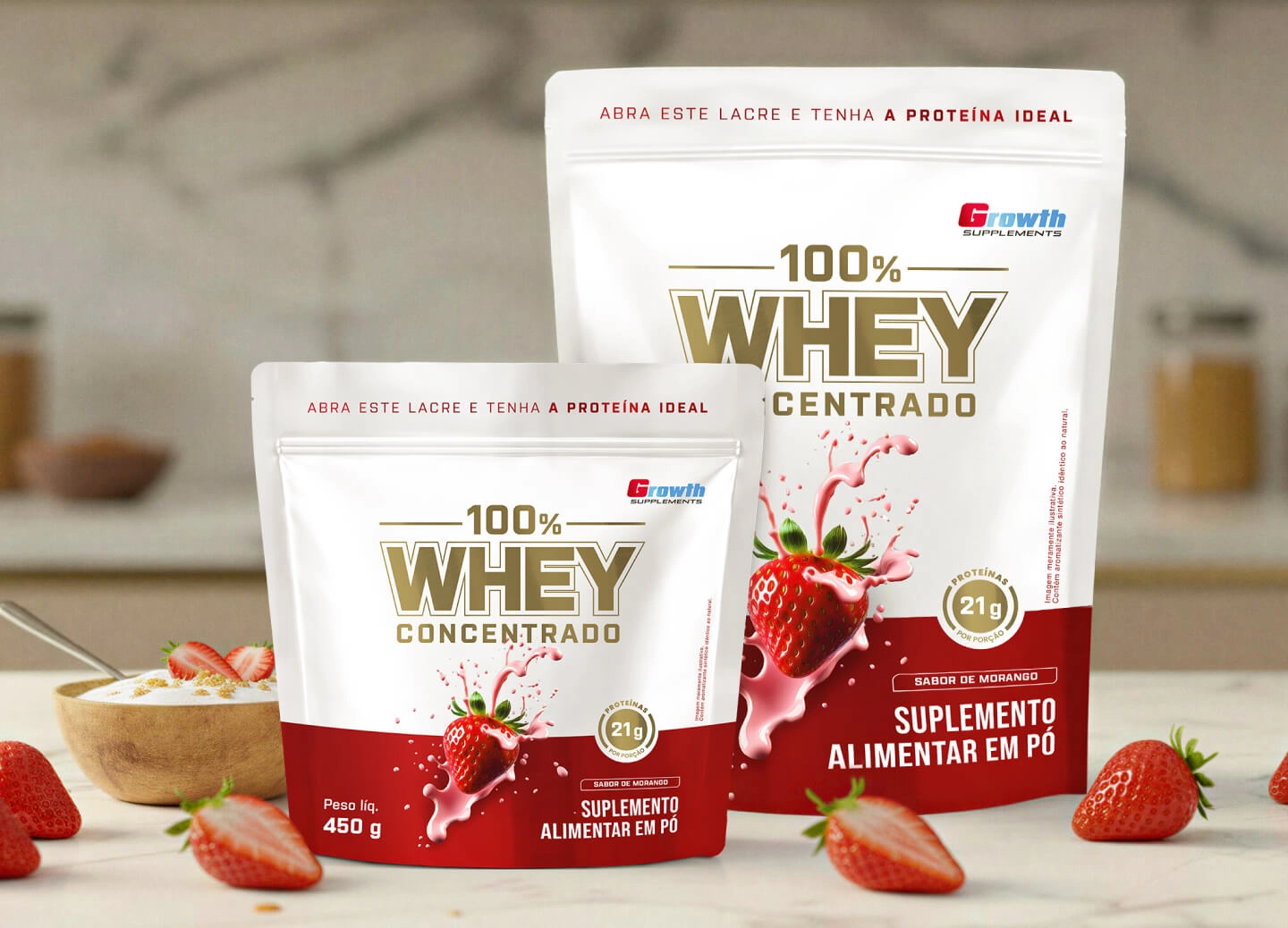 GROWTH SUPPLEMENTS - Imagem ilustrativa 100% Whey Morango